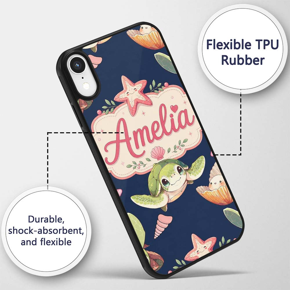 Cute Sea Turtle Starfish Shell Printed Design Custom Name Protective Phone Case Mobile Cover Durable Everyday Smartphone Shock Resistant