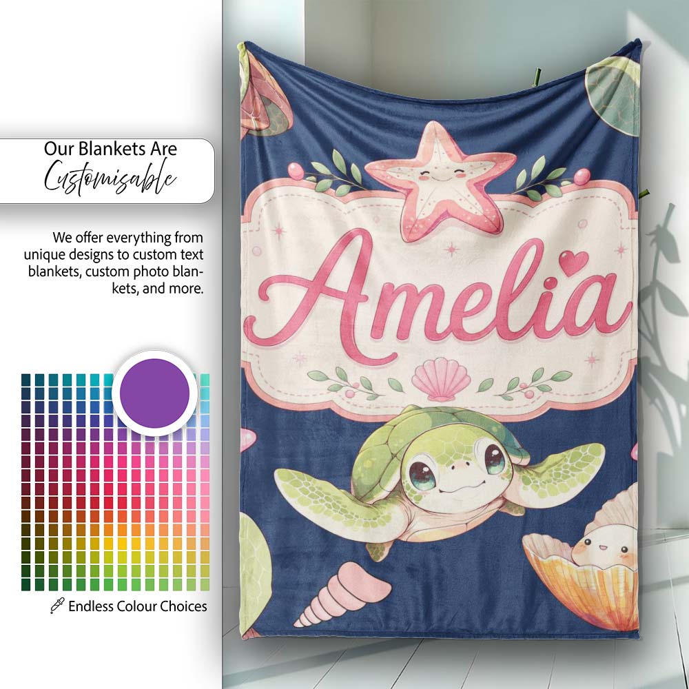Cute Sea Turtle Starfish Shell Kawaii Ocean Seamless Pattern Navy Personalised Custom Name Super Soft Fleece Blanket Bed Sofa Throw