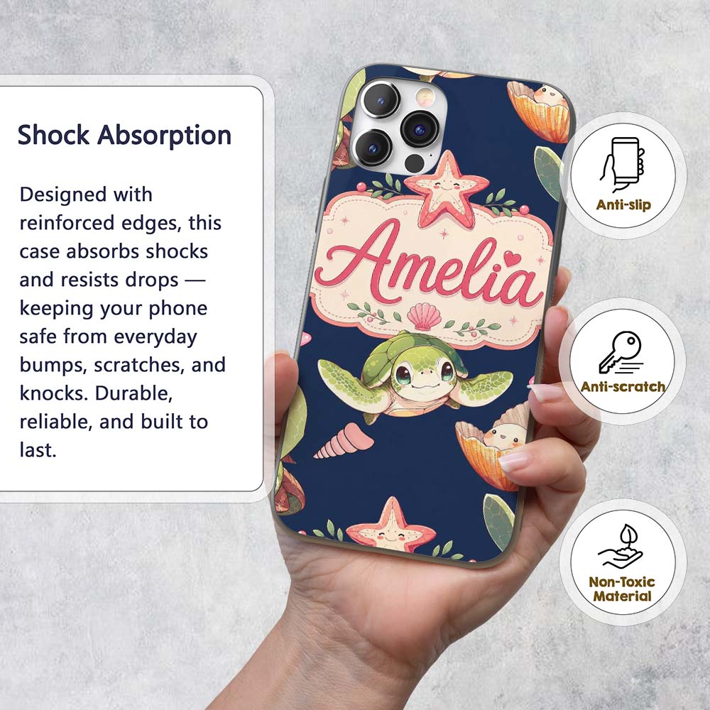 Cute Sea Turtle Starfish Shell Printed Design Custom Name Protective Phone Case Mobile Cover Durable Everyday Smartphone Shock Resistant