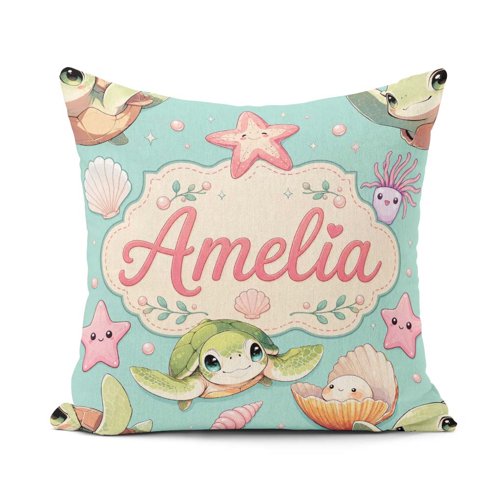 Custom Name Sea Turtle Starfish Shell Kawaii Ocean Seamless Teal Square Filled Cushion Throw Pillow Sofa Bed Home Decor Zip Washable UK Made