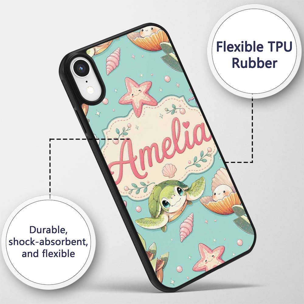 Cute Sea Turtle Starfish Shell Printed Design Custom Name Protective Phone Case Mobile Cover Durable Everyday Smartphone Shock Resistant