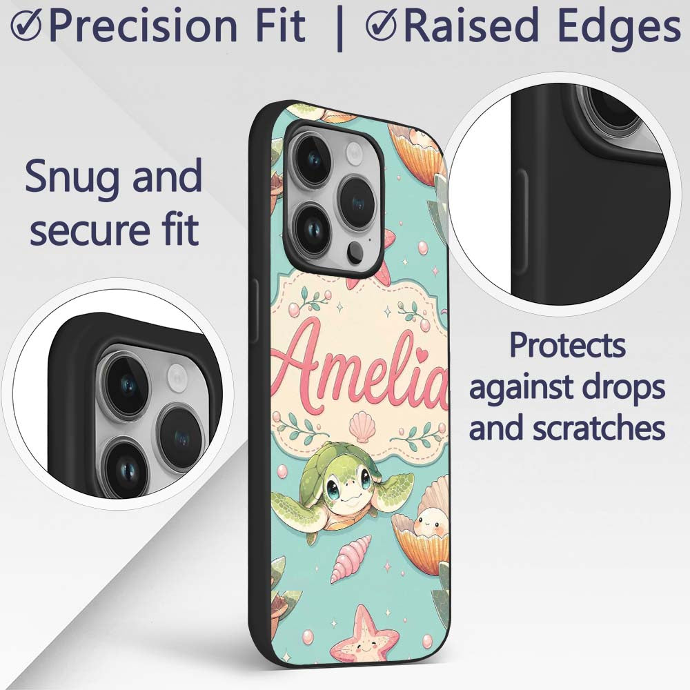 Cute Sea Turtle Starfish Shell Printed Design Custom Name Protective Phone Case Mobile Cover Durable Everyday Smartphone Shock Resistant