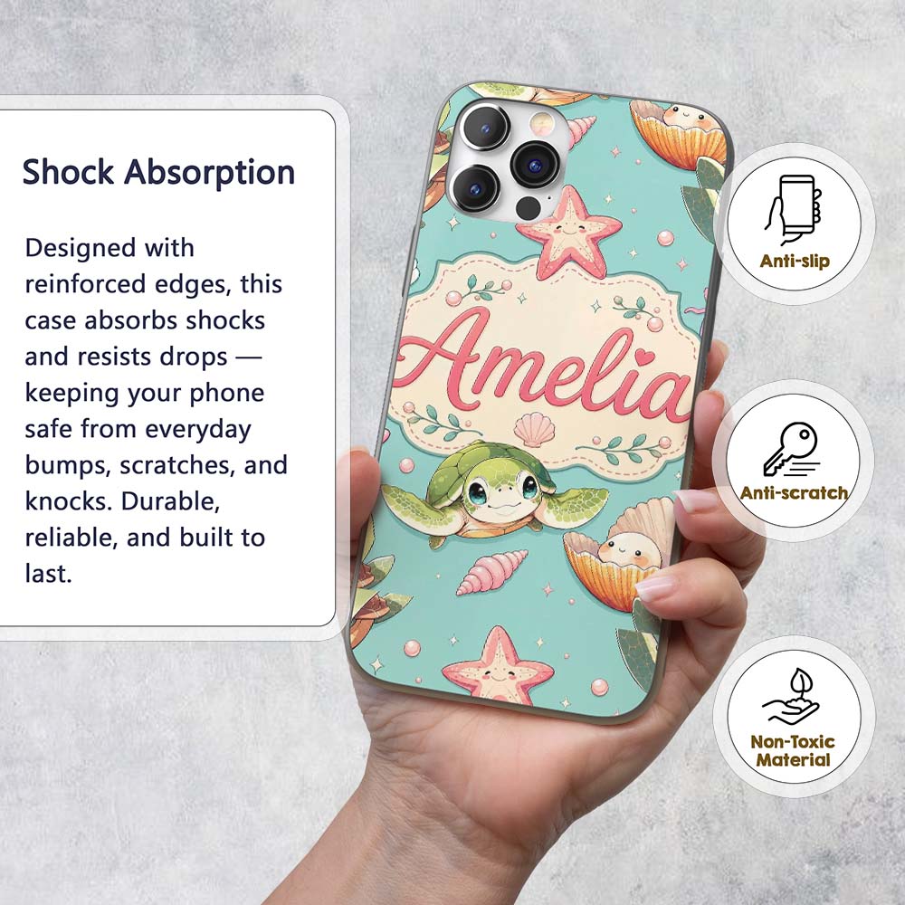 Cute Sea Turtle Starfish Shell Printed Design Custom Name Protective Phone Case Mobile Cover Durable Everyday Smartphone Shock Resistant