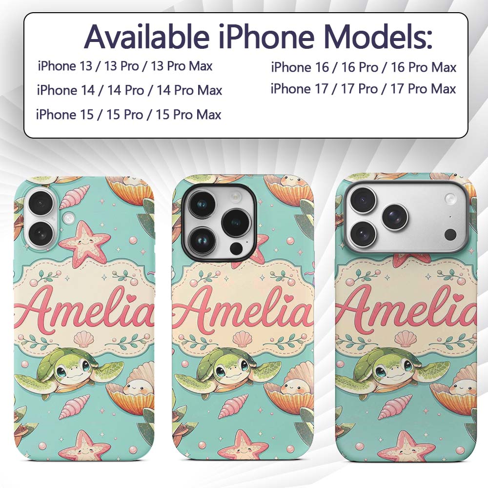 Cute Sea Turtle Starfish Shell Printed Design Custom Name Protective Phone Case Mobile Cover Durable Everyday Smartphone Shock Resistant