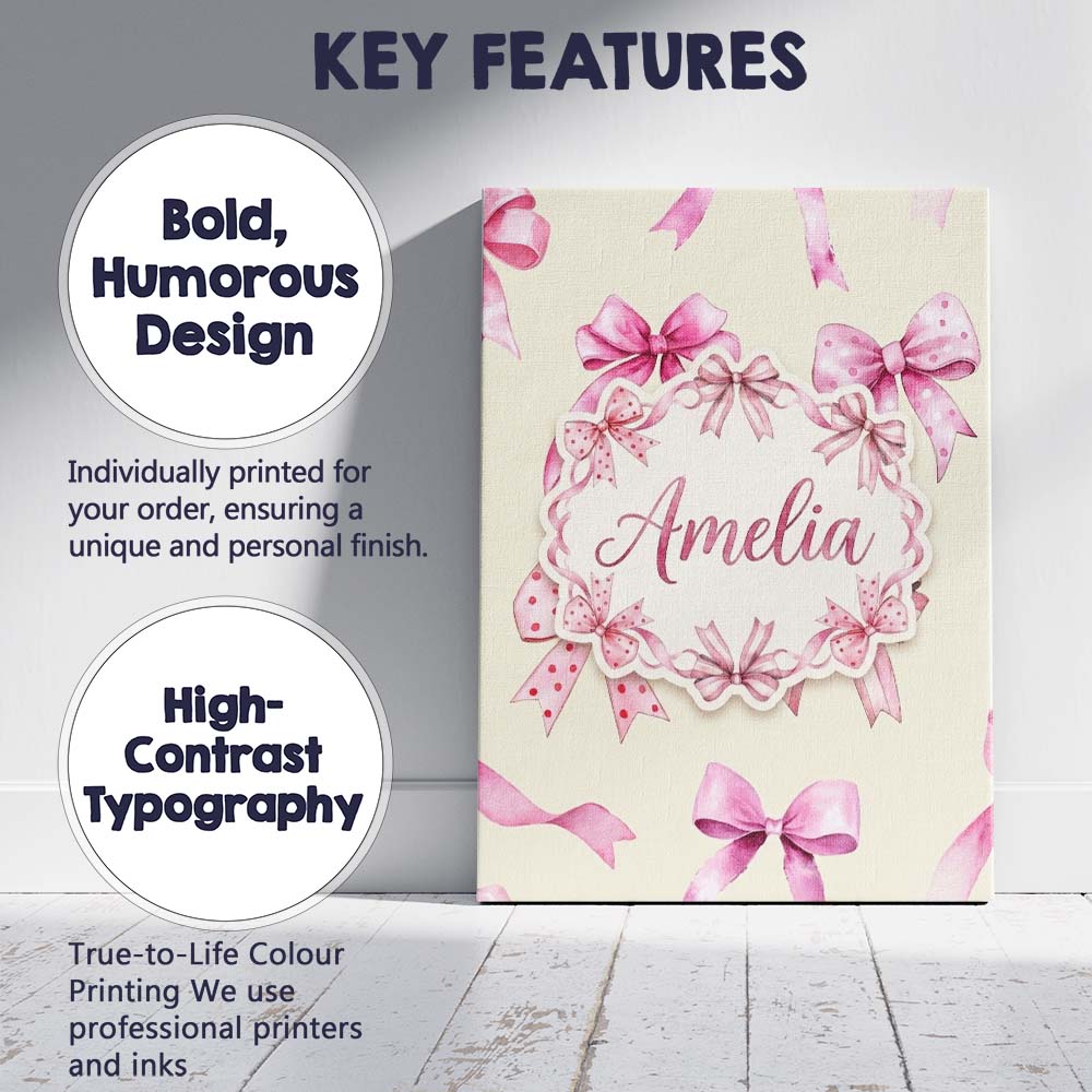Personalised Name Watercolor Pink Ribbon Bows Lavender Background Custom Bespoke Canvas Wall Art Print Decor Picture Ready to Hang