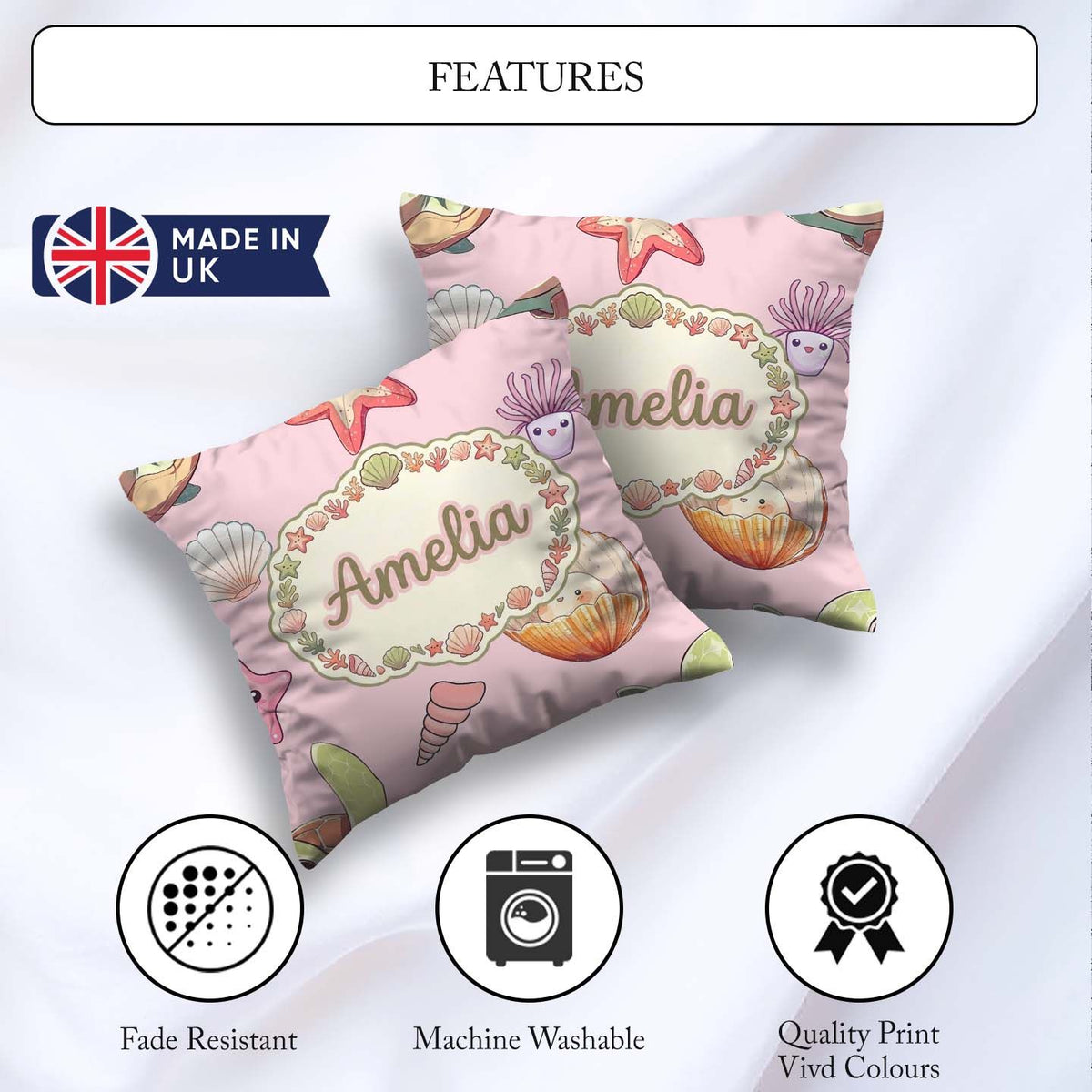 Custom Name Sea Turtle Starfish Shell Kawaii Ocean Seamless Pink Square Filled Cushion Throw Pillow Sofa Bed Home Decor Zip Washable UK Made