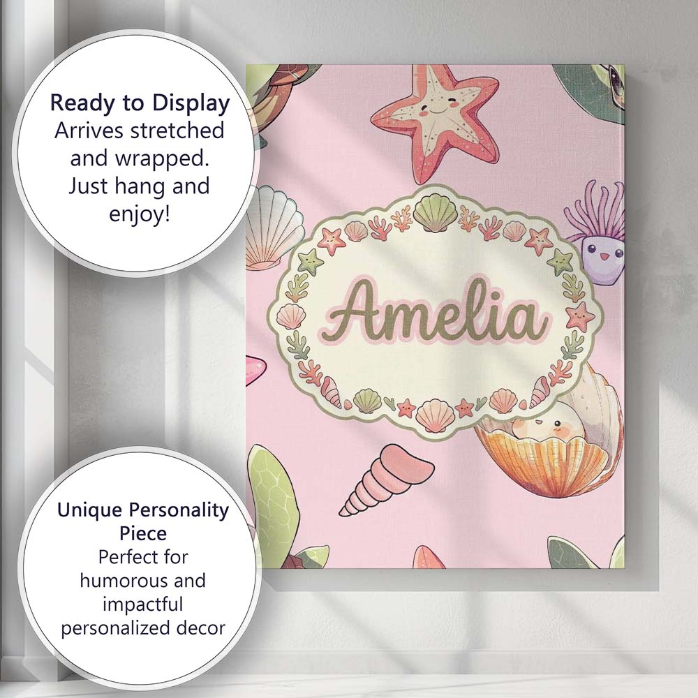 Personalised Name Cute Sea Turtle Starfish Custom Unique Gift Idea Elegant Feature Canvas Wall Art Print Decor Picture Ready to Hang