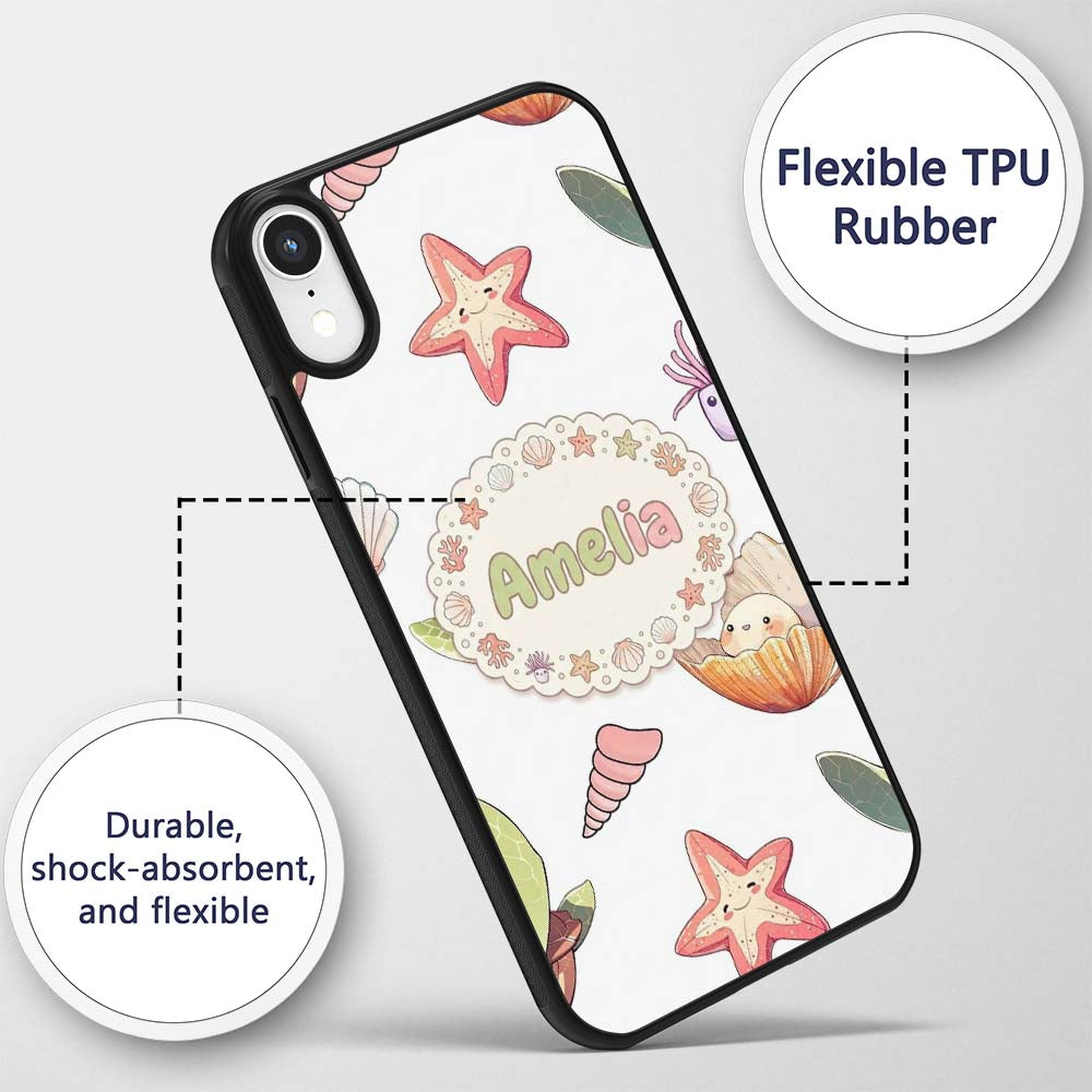 Cute Sea Turtle Starfish Shell Printed Design Custom Name Protective Phone Case Mobile Cover Durable Everyday Smartphone Shock Resistant