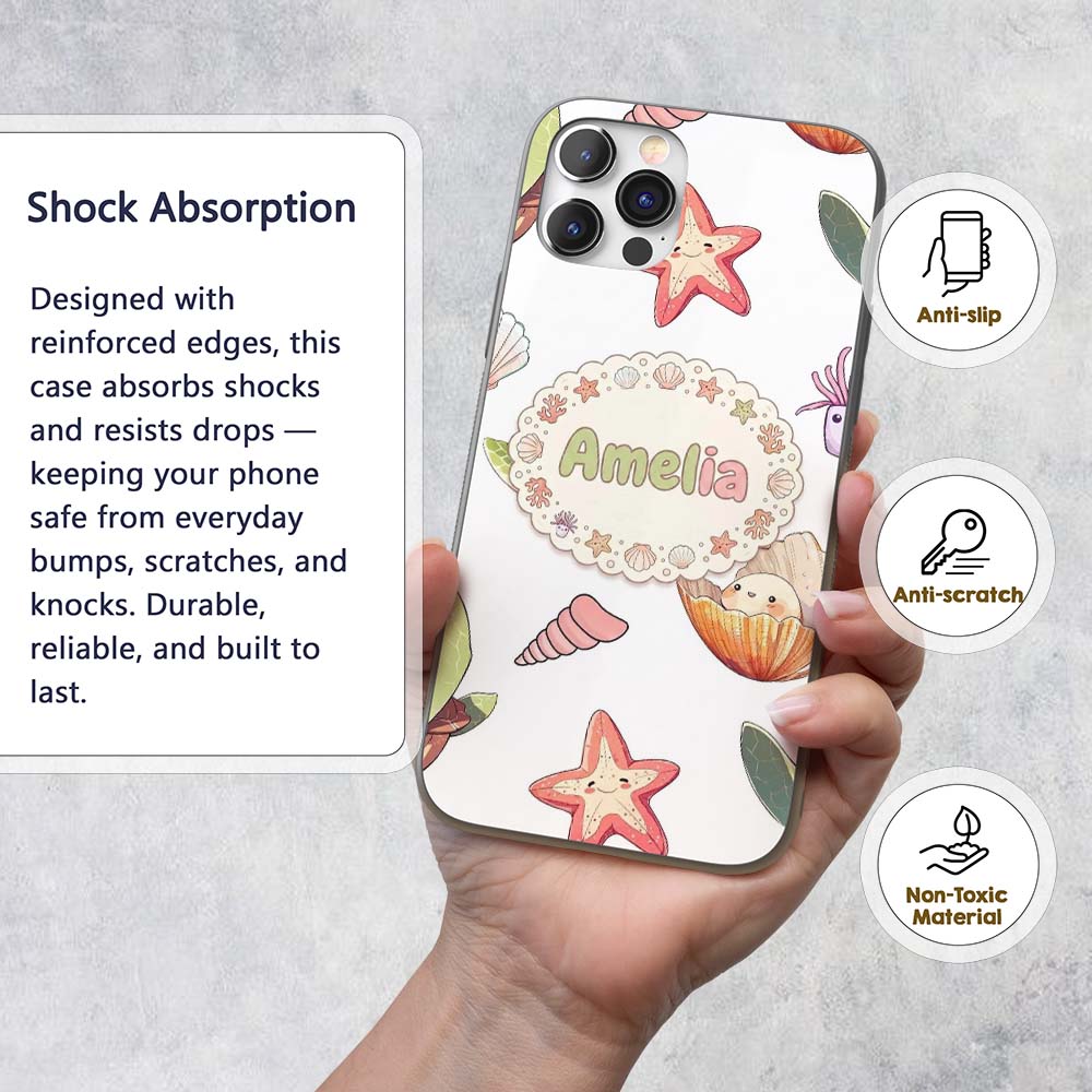 Cute Sea Turtle Starfish Shell Printed Design Custom Name Protective Phone Case Mobile Cover Durable Everyday Smartphone Shock Resistant