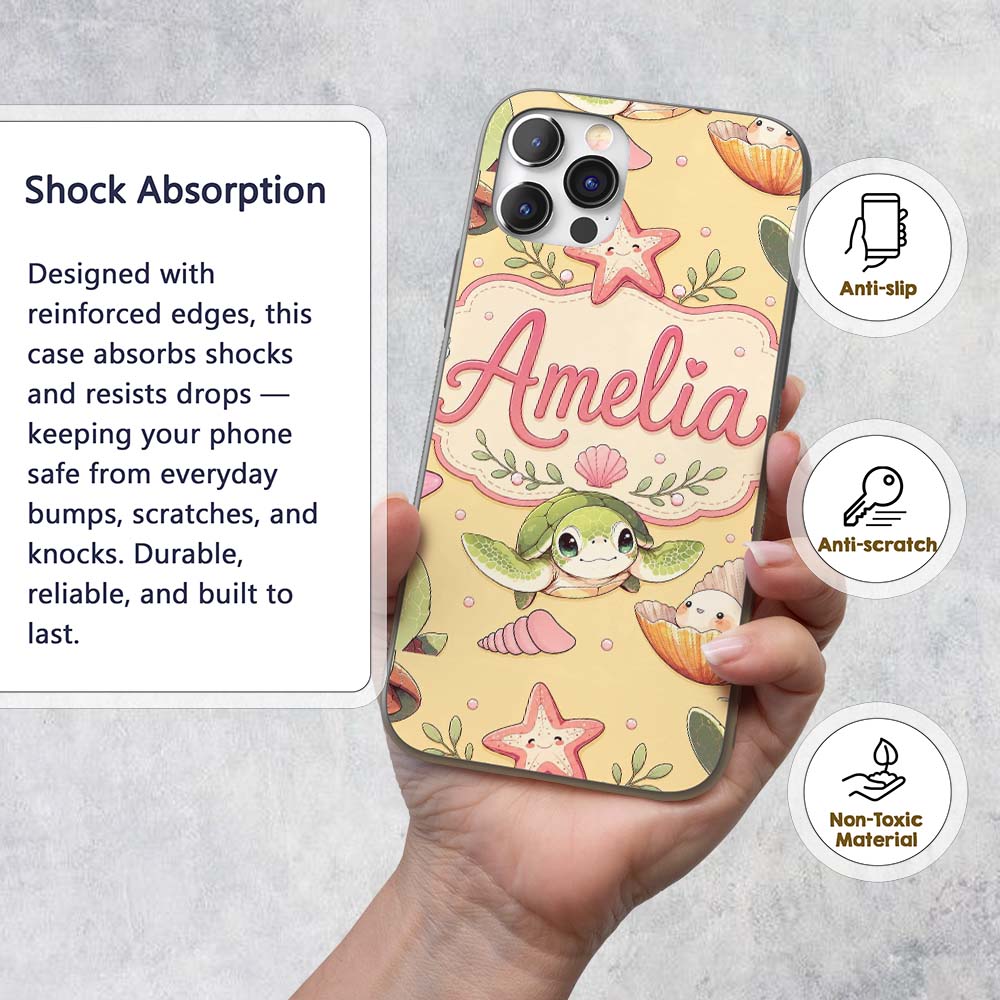 Cute Sea Turtle Starfish Shell Printed Design Custom Name Protective Phone Case Mobile Cover Durable Everyday Smartphone Shock Resistant