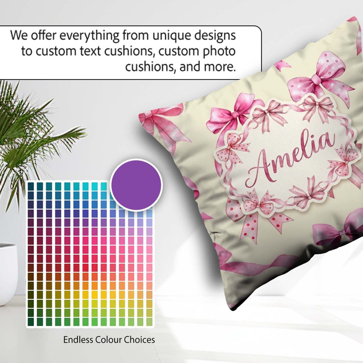 Custom Name Watercolor Pink Lavender Background Seamless Pattern Square Filled Cushion Throw Pillow Sofa Bed Home Decor Zip Washable UK Made