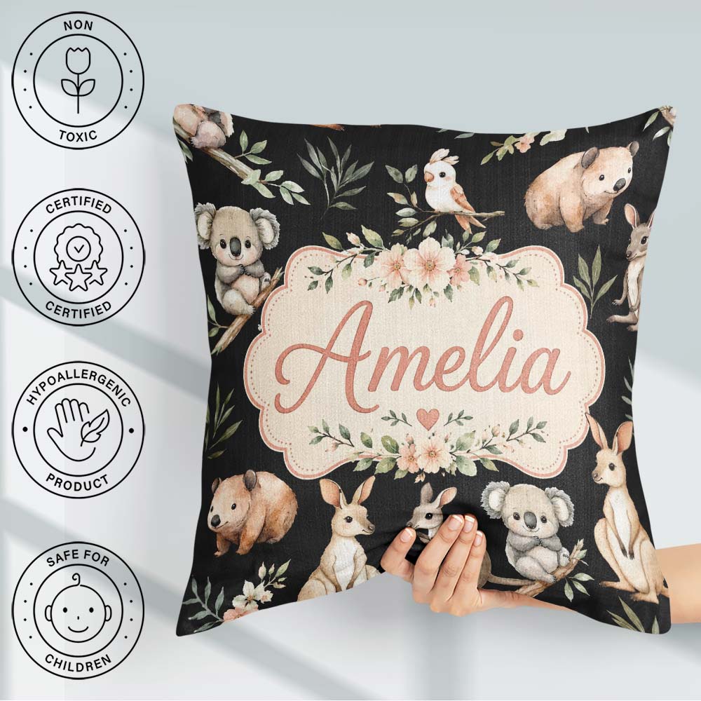 Custom Name Woodland Animals Koala Kangaroo Floral Pattern Black Square Filled Cushion Throw Pillow Sofa Bed Home Decor Zip Washable UK Made