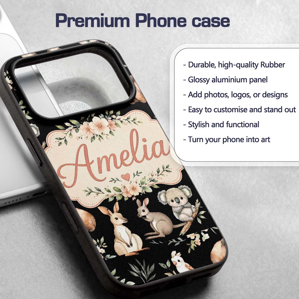 Cute Woodland Animals Koala Kangaroo Bear Floral Custom Name Protective Phone Case Mobile Cover Durable Everyday Smartphone Shock Resistant