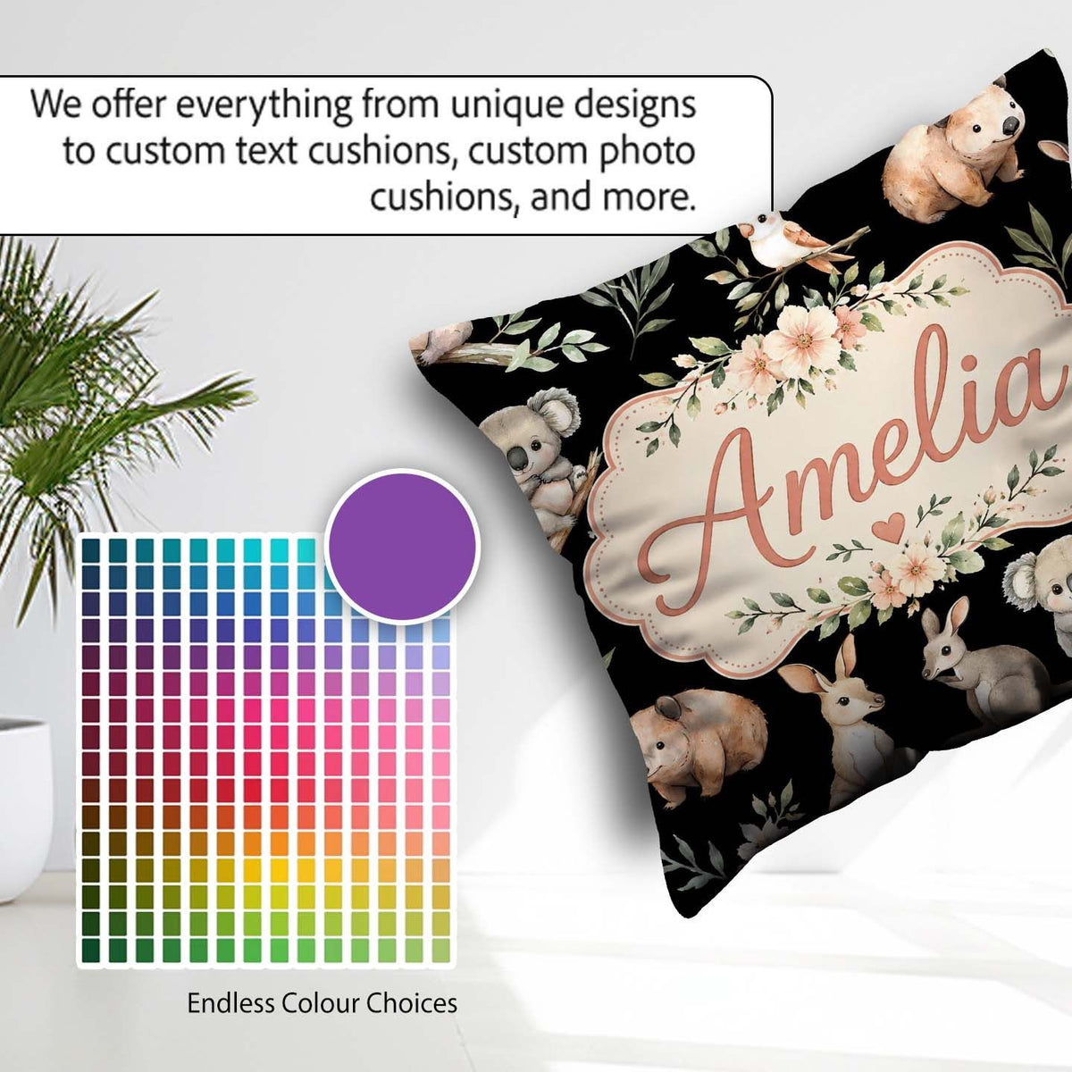 Custom Name Woodland Animals Koala Kangaroo Floral Pattern Black Square Filled Cushion Throw Pillow Sofa Bed Home Decor Zip Washable UK Made