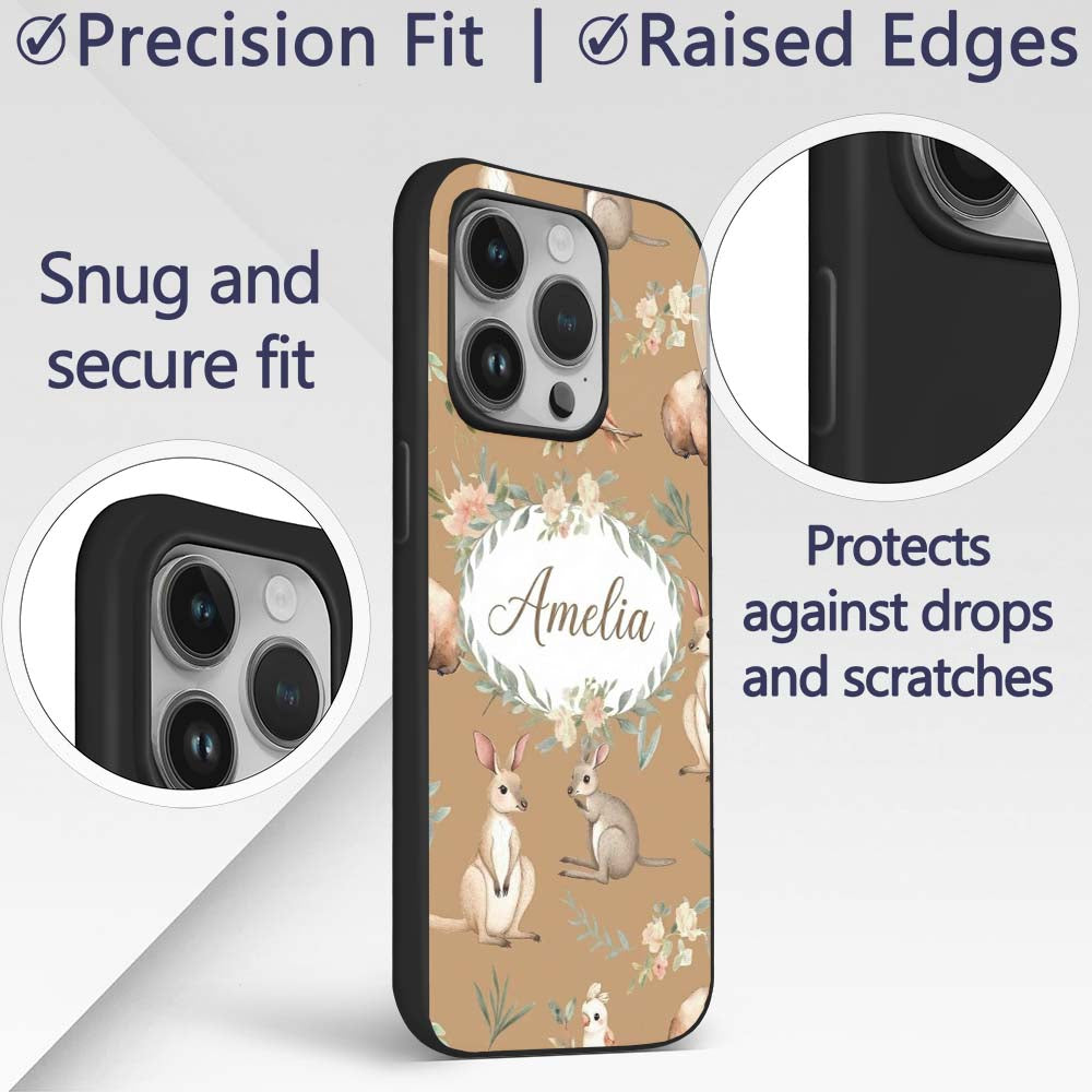 Cute Woodland Animals Koala Kangaroo Bear Floral Custom Name Protective Phone Case Mobile Cover Durable Everyday Smartphone Shock Resistant