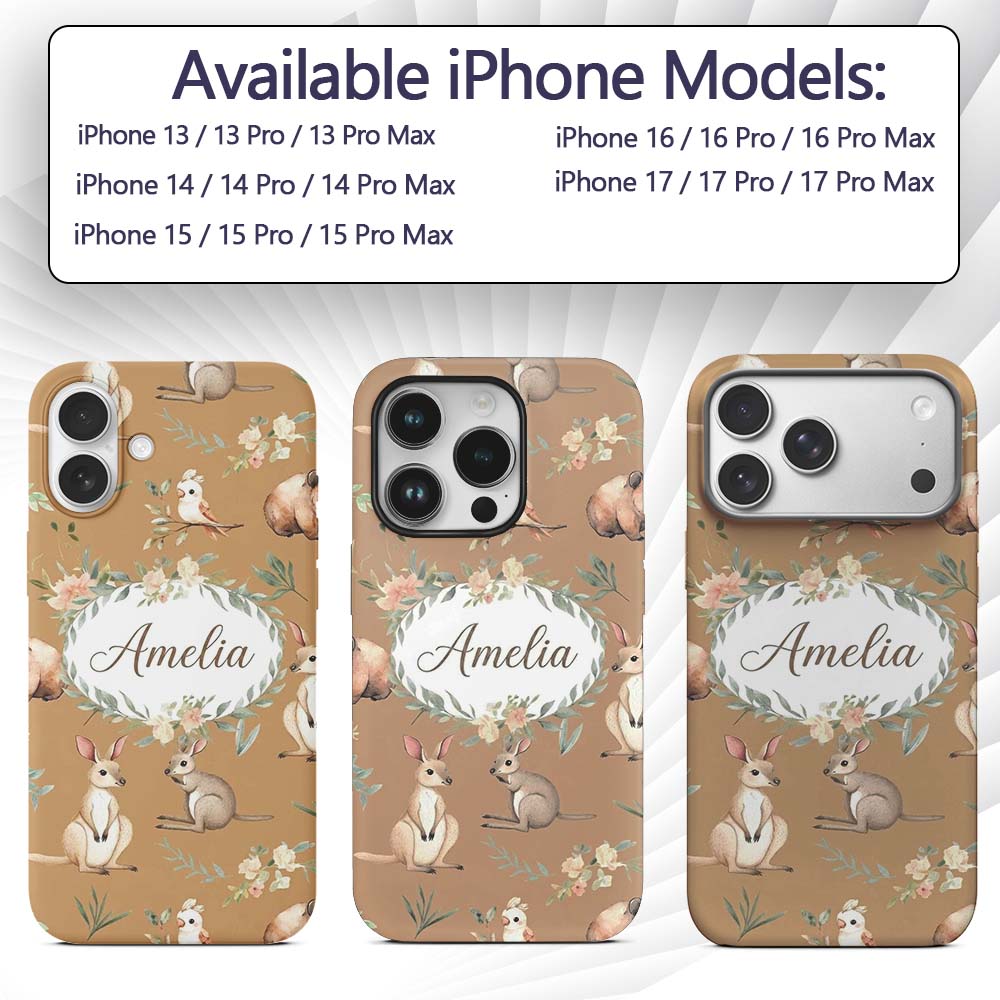 Cute Woodland Animals Koala Kangaroo Bear Floral Custom Name Protective Phone Case Mobile Cover Durable Everyday Smartphone Shock Resistant
