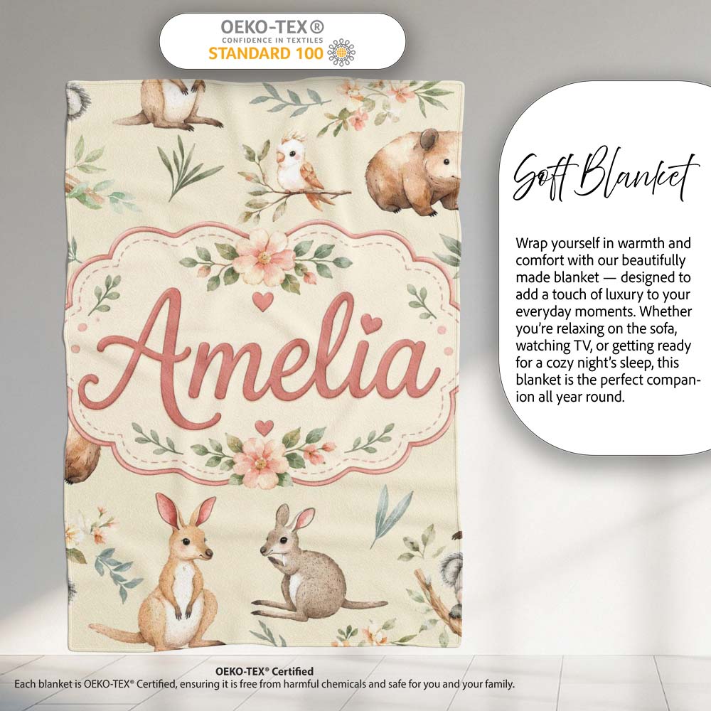 Cute Woodland Animals Koala Kangaroo Bear Floral Pattern Cream Personalised Custom Name Super Soft Fleece Blanket Bed Sofa Throw