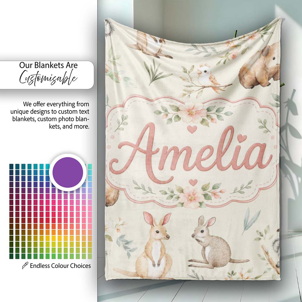 Cute Woodland Animals Koala Kangaroo Bear Floral Pattern Cream Personalised Custom Name Super Soft Fleece Blanket Bed Sofa Throw