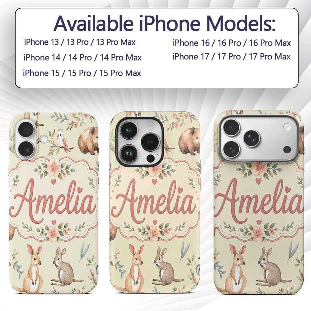 Cute Woodland Animals Koala Kangaroo Bear Floral Custom Name Protective Phone Case Mobile Cover Durable Everyday Smartphone Shock Resistant