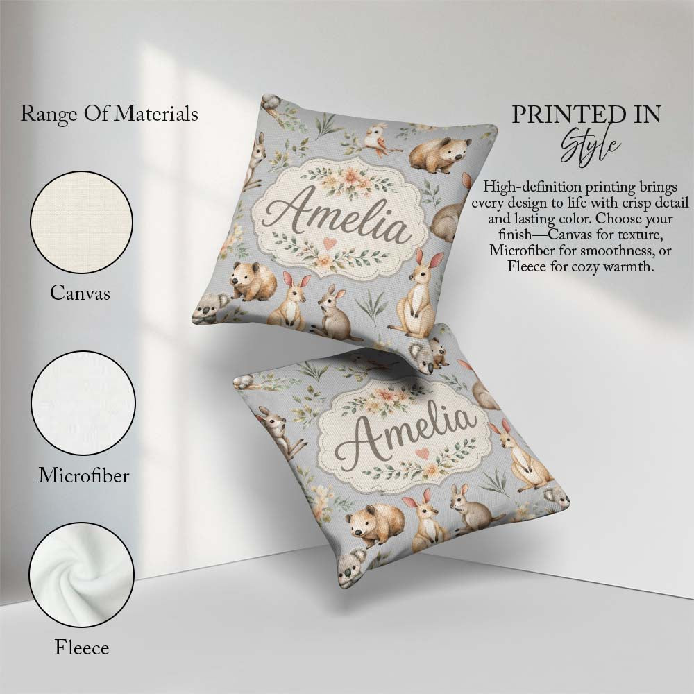 Custom Name Cute Woodland Animals Koala Bear Floral Pattern Grey Square Filled Cushion Throw Pillow Sofa Bed Home Decor Zip Washable UK Made