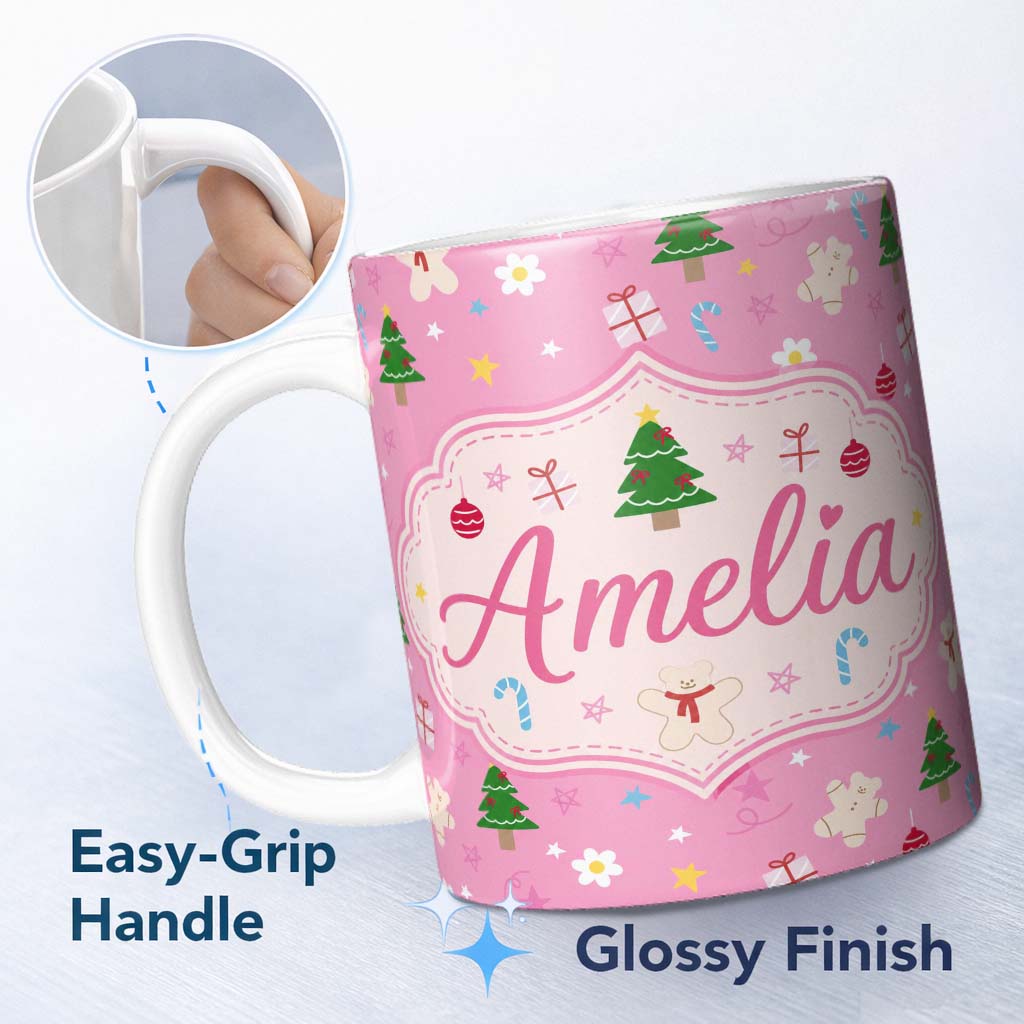 Personalized Custom Name Cute Christmas Tree Gingerbread Cookie Candy Cane Seamless Pattern 11oz Ceramic Coffee Tea Mug White Large Handle