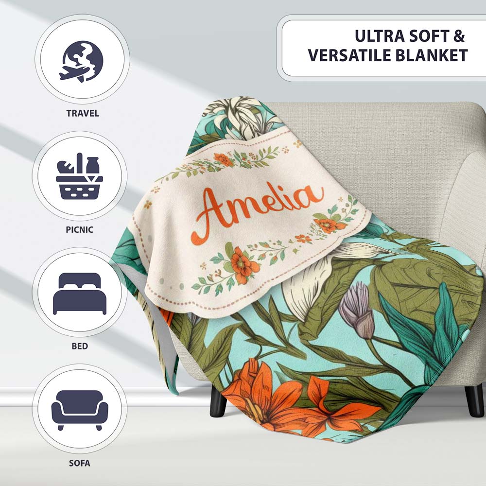 Tropical Floral Leaves Blue Background Seamless Pattern Lovely Personalised Custom Name Super Soft Fleece Blanket Bed Sofa Throw