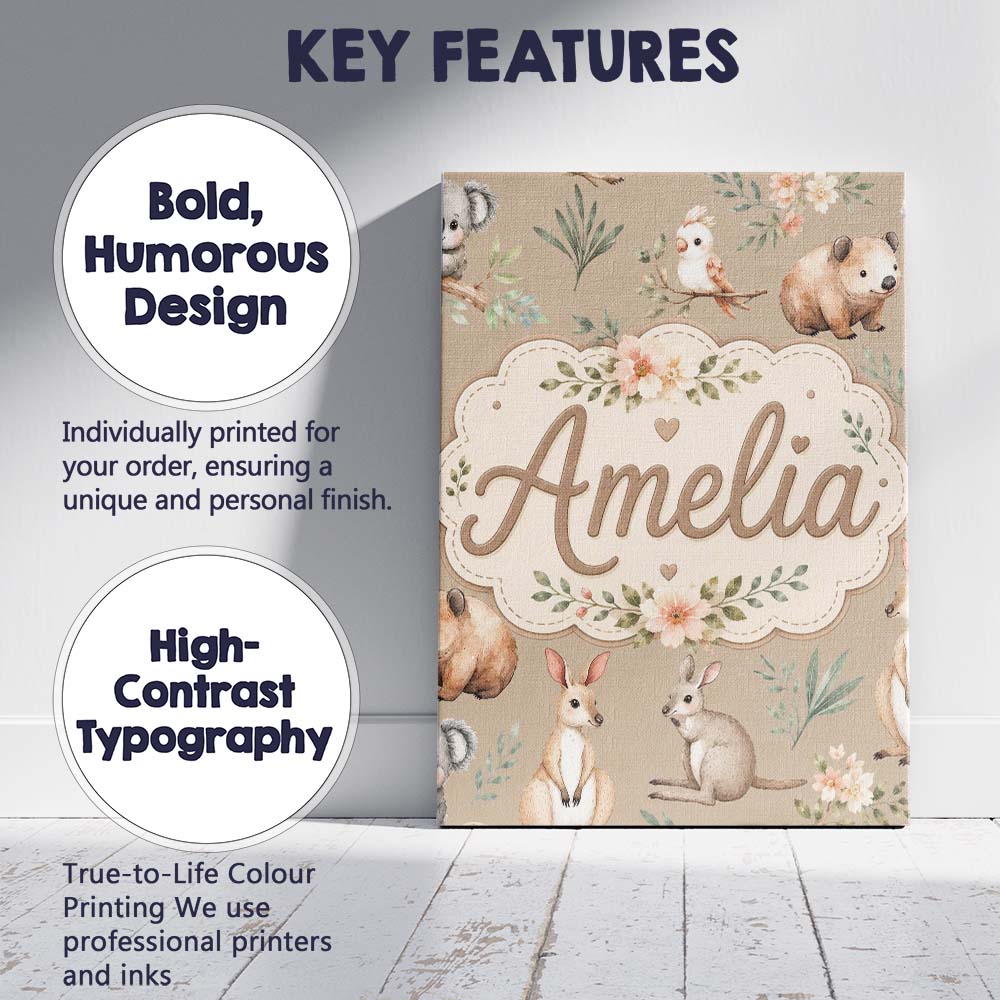 Personalised Name Cute Woodland Animals Custom Modern Room Accent Elegant Feature Canvas Wall Art Print Decor Picture Ready to Hang