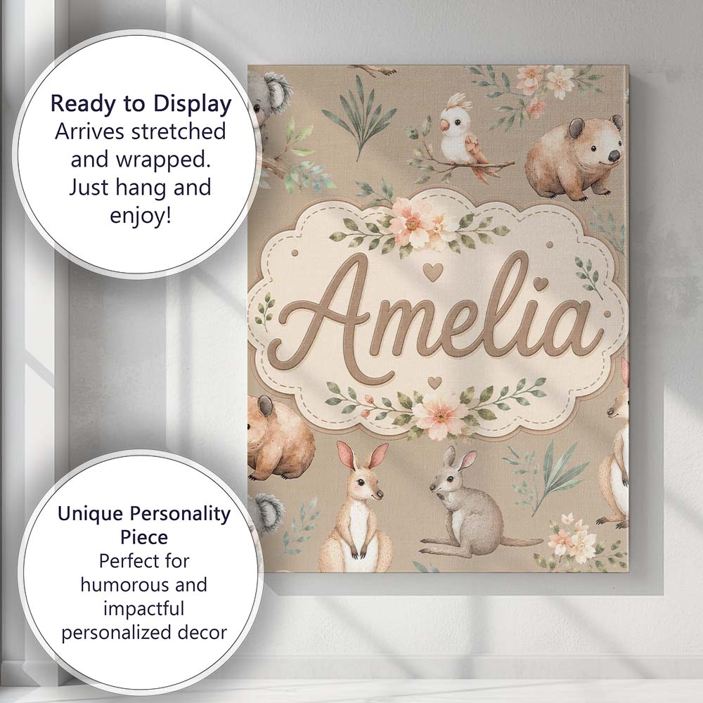 Personalised Name Cute Woodland Animals Custom Modern Room Accent Elegant Feature Canvas Wall Art Print Decor Picture Ready to Hang