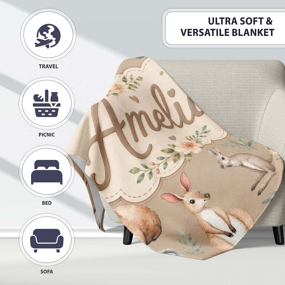 Cute Woodland Animals Koala Kangaroo Bear Floral Pattern Taupe Personalised Custom Name Super Soft Fleece Blanket Bed Sofa Throw