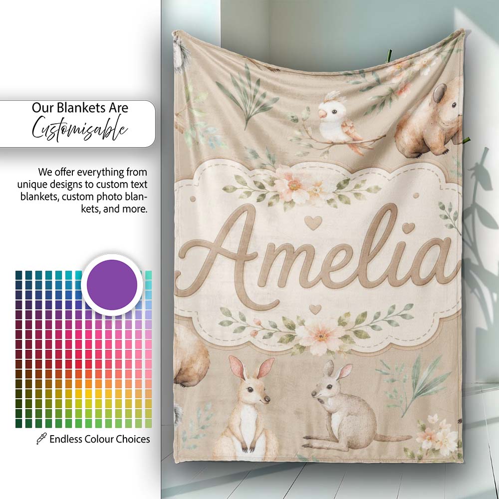Cute Woodland Animals Koala Kangaroo Bear Floral Pattern Taupe Personalised Custom Name Super Soft Fleece Blanket Bed Sofa Throw