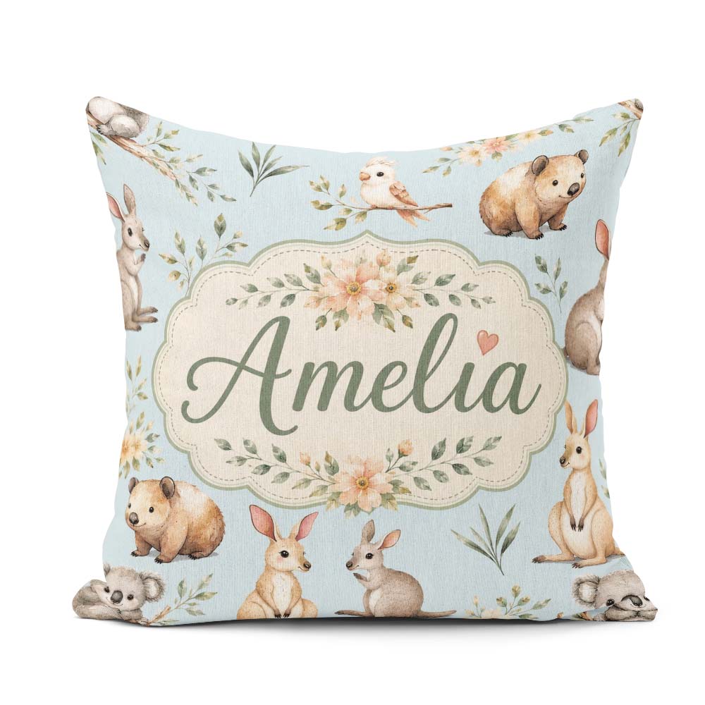 Custom Name Cute Woodland Animals Koala Bear Floral Pattern Blue Square Filled Cushion Throw Pillow Sofa Bed Home Decor Zip Washable UK Made