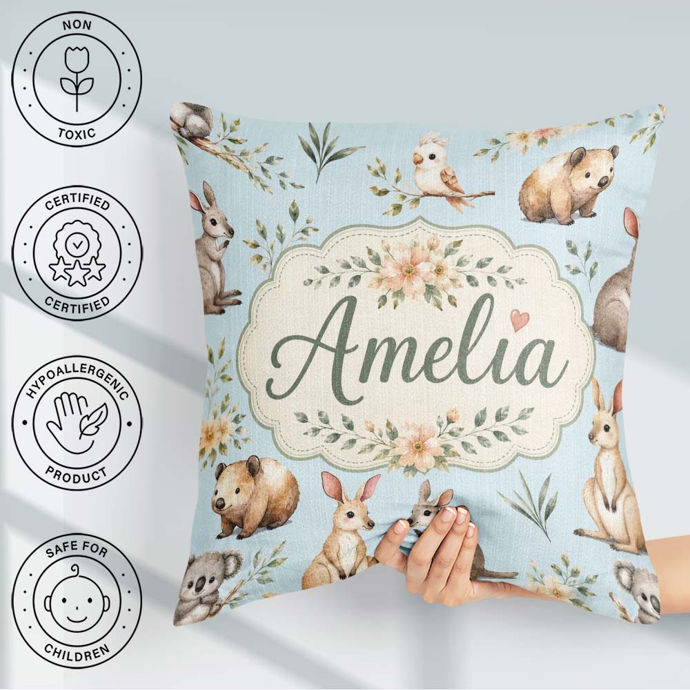 Custom Name Cute Woodland Animals Koala Bear Floral Pattern Blue Square Filled Cushion Throw Pillow Sofa Bed Home Decor Zip Washable UK Made