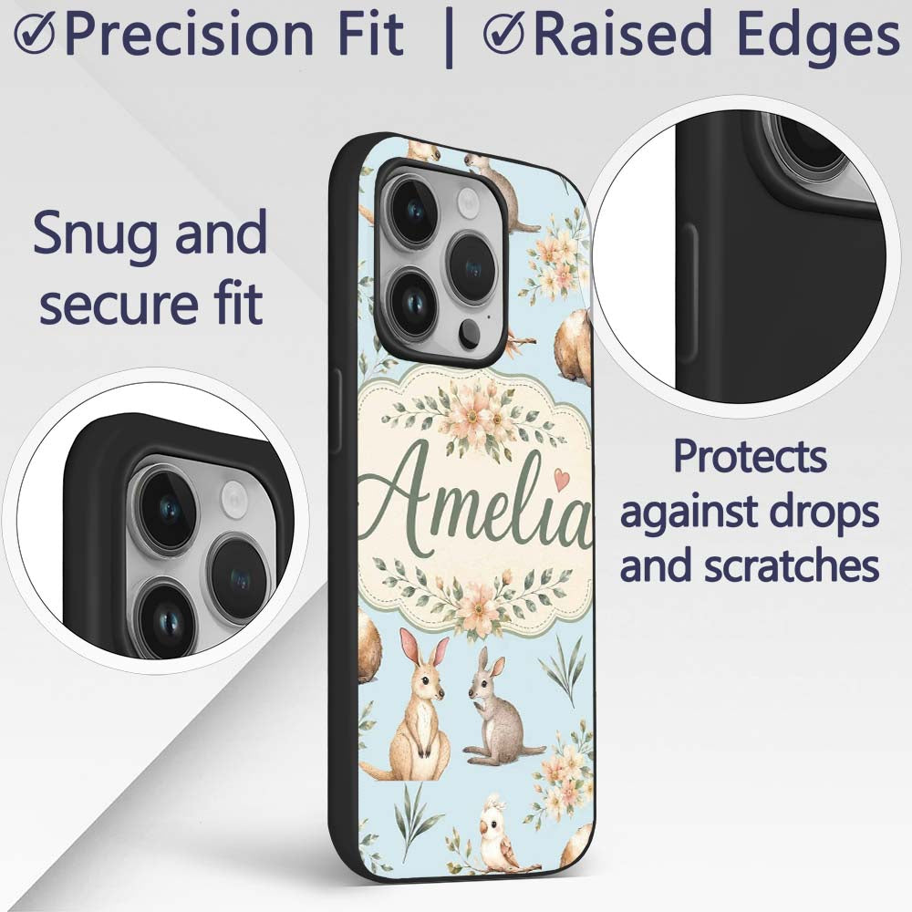 Cute Woodland Animals Koala Kangaroo Bear Floral Custom Name Protective Phone Case Mobile Cover Durable Everyday Smartphone Shock Resistant