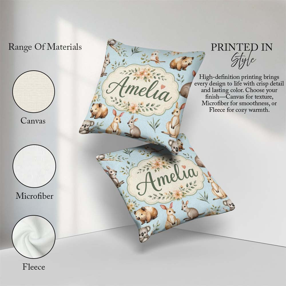 Custom Name Cute Woodland Animals Koala Bear Floral Pattern Blue Square Filled Cushion Throw Pillow Sofa Bed Home Decor Zip Washable UK Made