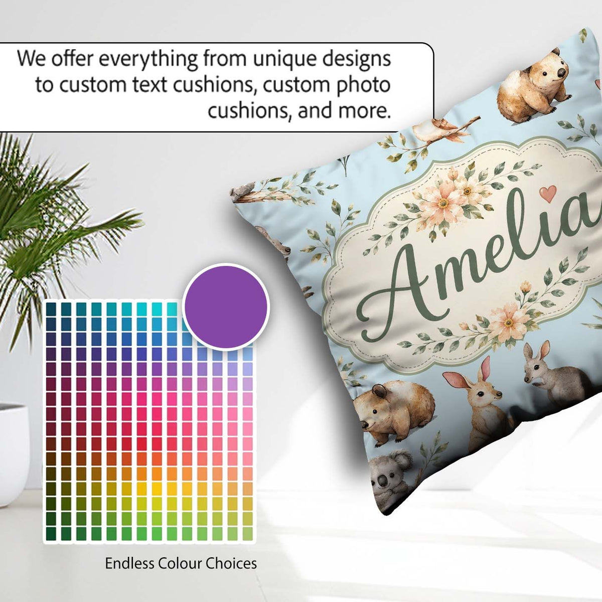 Custom Name Cute Woodland Animals Koala Bear Floral Pattern Blue Square Filled Cushion Throw Pillow Sofa Bed Home Decor Zip Washable UK Made