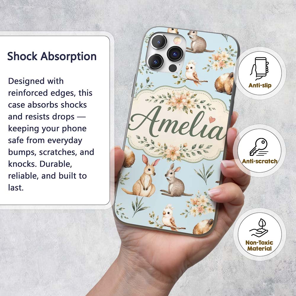 Cute Woodland Animals Koala Kangaroo Bear Floral Custom Name Protective Phone Case Mobile Cover Durable Everyday Smartphone Shock Resistant