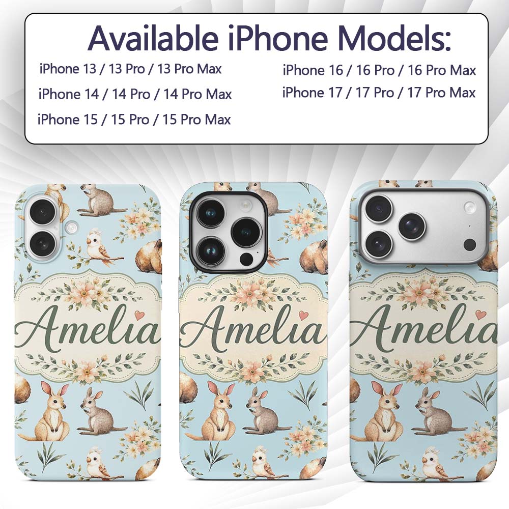Cute Woodland Animals Koala Kangaroo Bear Floral Custom Name Protective Phone Case Mobile Cover Durable Everyday Smartphone Shock Resistant