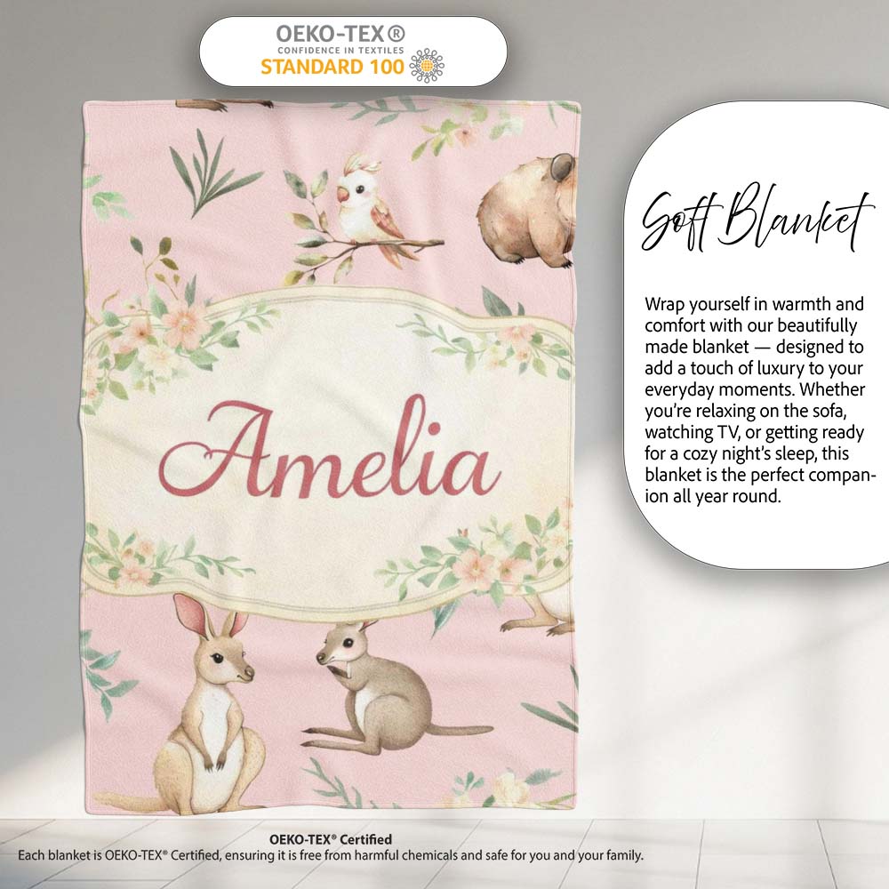 Cute Woodland Animals Koala Kangaroo Bear Floral Pattern Blush Pink Personalised Custom Name Super Soft Fleece Blanket Bed Sofa Throw