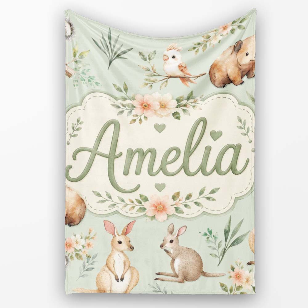 Cute Woodland Animals Koala Kangaroo Bear Floral Pattern Sage Green Personalised Custom Name Super Soft Fleece Blanket Bed Sofa Throw