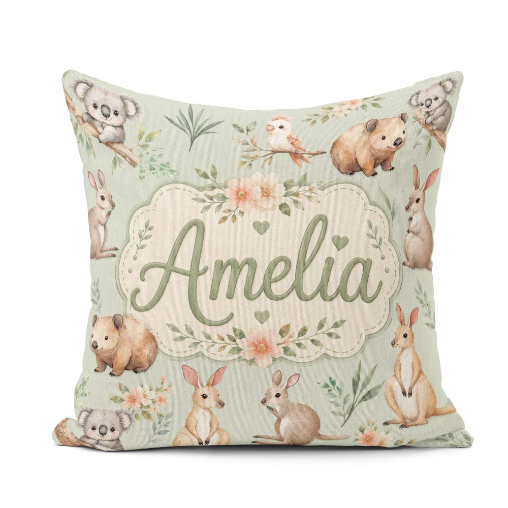 Custom Name Cute Woodland Animals Koala Bear Floral Pattern Sage Square Filled Cushion Throw Pillow Sofa Bed Home Decor Zip Washable UK Made
