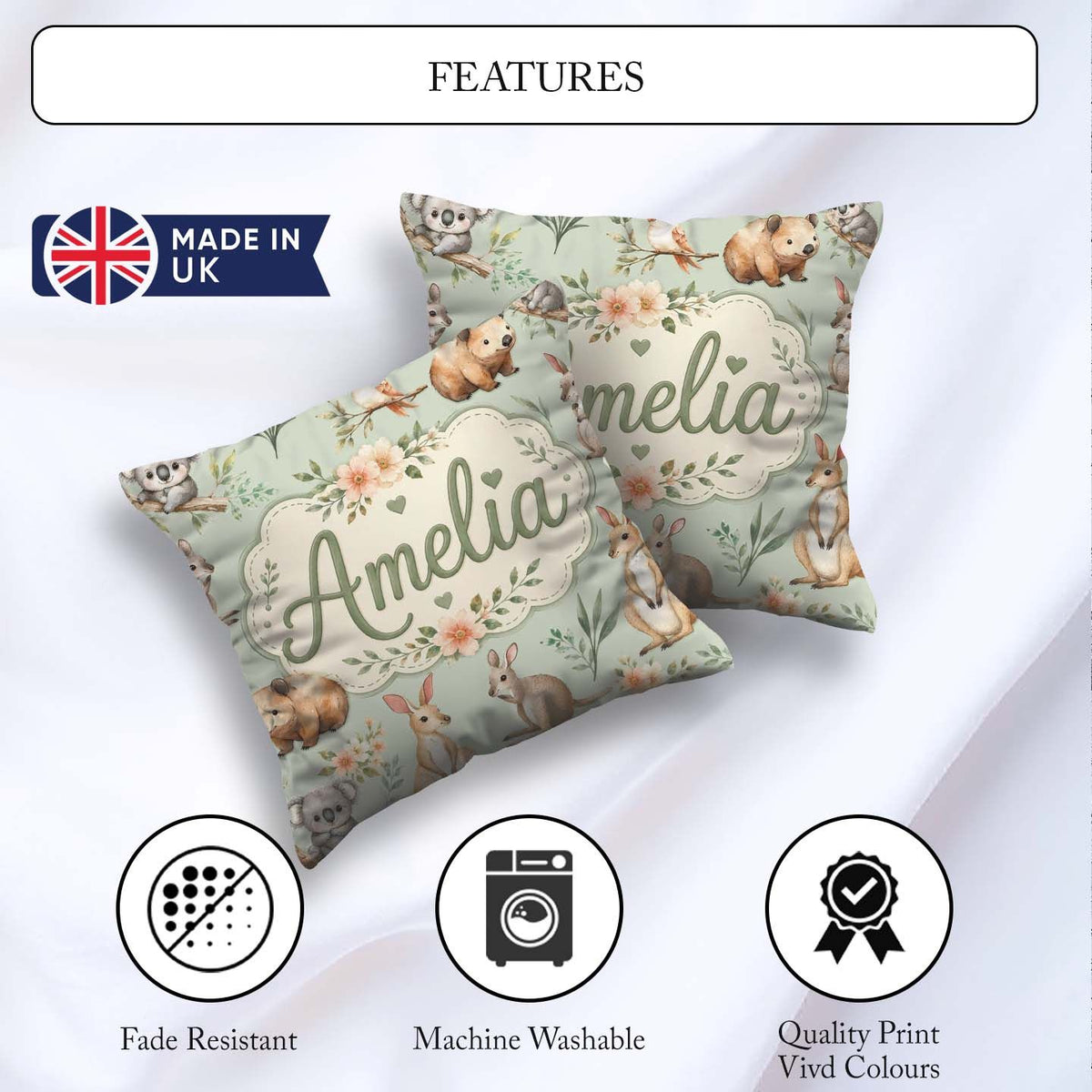 Custom Name Cute Woodland Animals Koala Bear Floral Pattern Sage Square Filled Cushion Throw Pillow Sofa Bed Home Decor Zip Washable UK Made