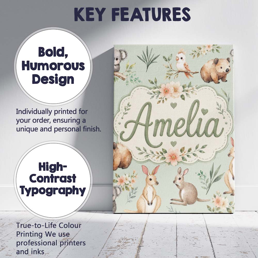 Personalised Name Cute Woodland Animals Custom Modern Room Accent Elegant Feature Canvas Wall Art Print Decor Picture Ready to Hang