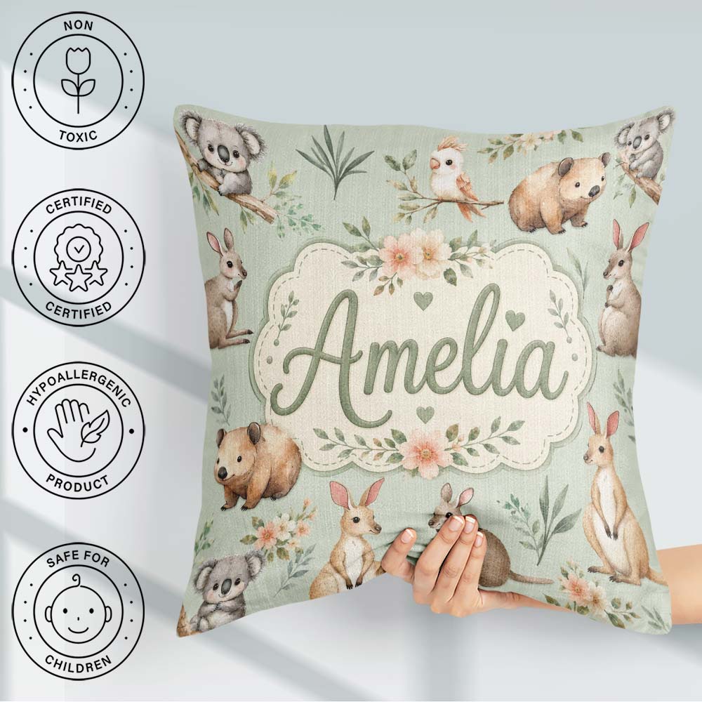 Custom Name Cute Woodland Animals Koala Bear Floral Pattern Sage Square Filled Cushion Throw Pillow Sofa Bed Home Decor Zip Washable UK Made