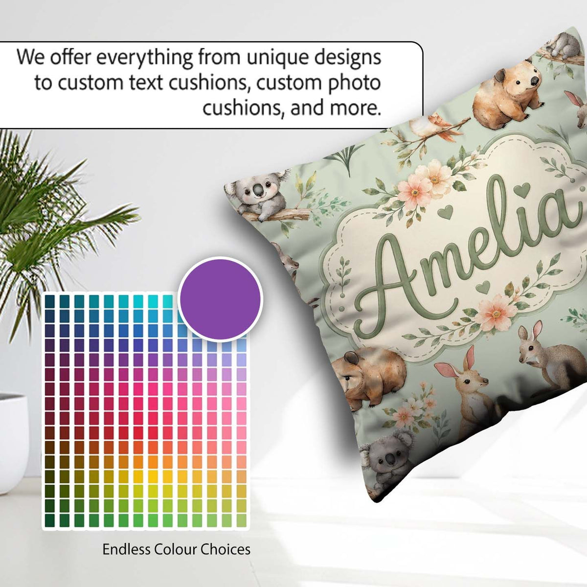 Custom Name Cute Woodland Animals Koala Bear Floral Pattern Sage Square Filled Cushion Throw Pillow Sofa Bed Home Decor Zip Washable UK Made