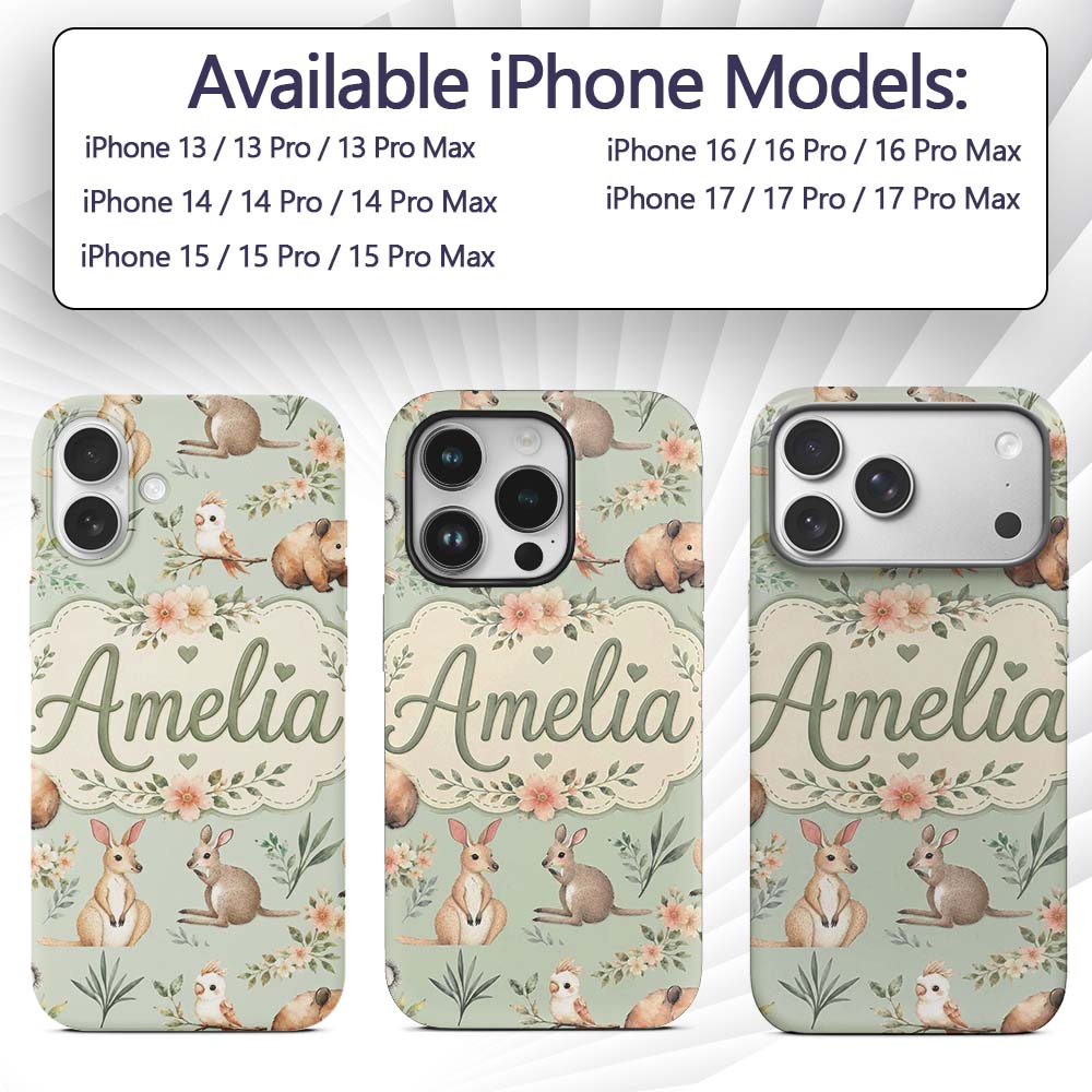 Cute Woodland Animals Koala Kangaroo Bear Floral Custom Name Protective Phone Case Mobile Cover Durable Everyday Smartphone Shock Resistant