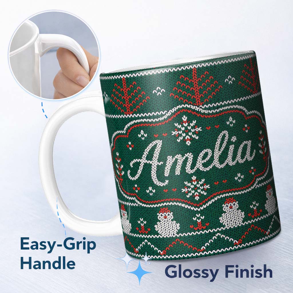 Personalized Custom Name Nordic Knit Alpaca Llama Pattern Green Red White Festive Sweater 11oz Ceramic Coffee Tea Mug White Large Handle