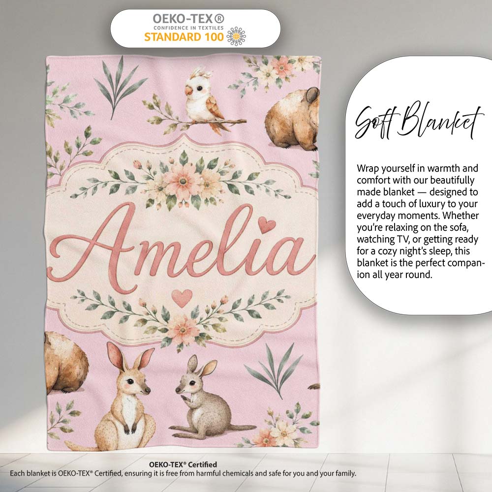 Cute Woodland Animals Koala Kangaroo Bear Floral Pattern Mauve Personalised Custom Name Super Soft Fleece Blanket Bed Sofa Throw