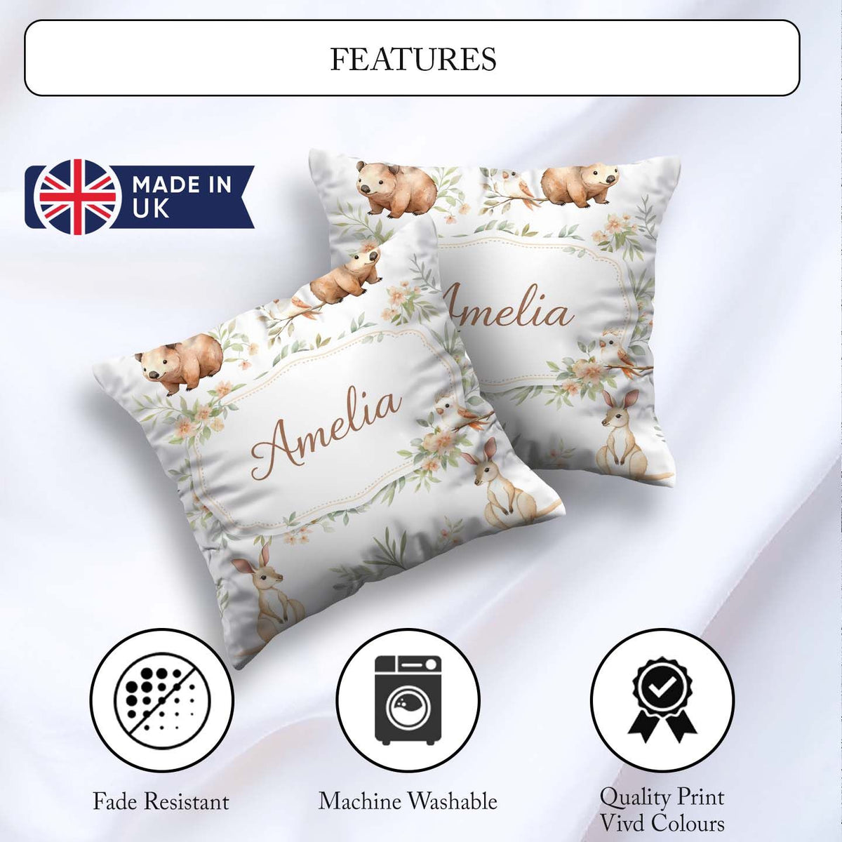 Custom Name Cute Safari Animals Lion Giraffe Zebra Pattern Black Square Filled Cushion Throw Pillow Sofa Bed Home Decor Zip Washable UK Made