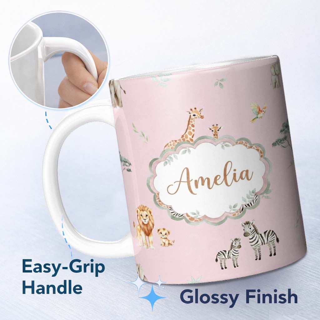 Personalized Custom Name Safari Animals Giraffe Lion Zebra on Blush Pink Seamless Pattern 11oz Ceramic Coffee Tea Mug White Large Handle