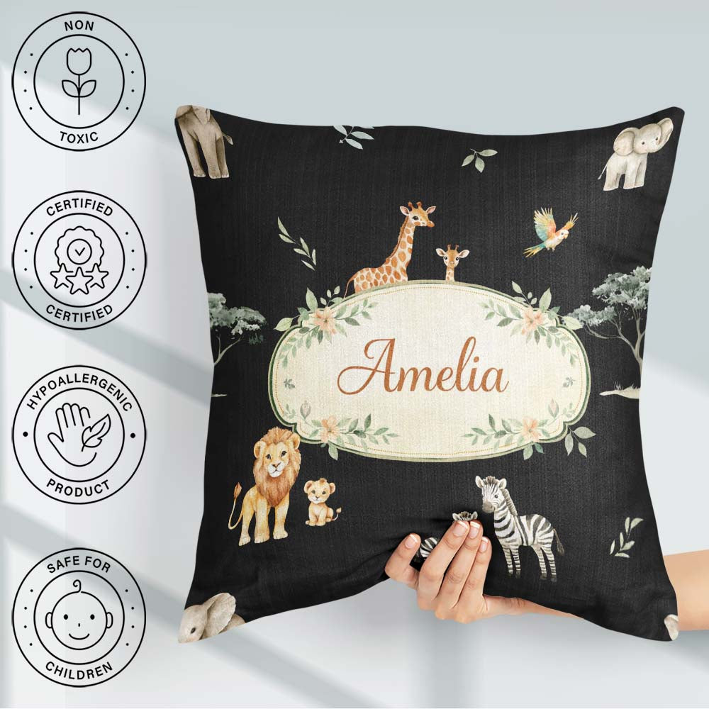 Custom Name Cute Safari Animals Lion Giraffe Zebra Pattern Brown Square Filled Cushion Throw Pillow Sofa Bed Home Decor Zip Washable UK Made